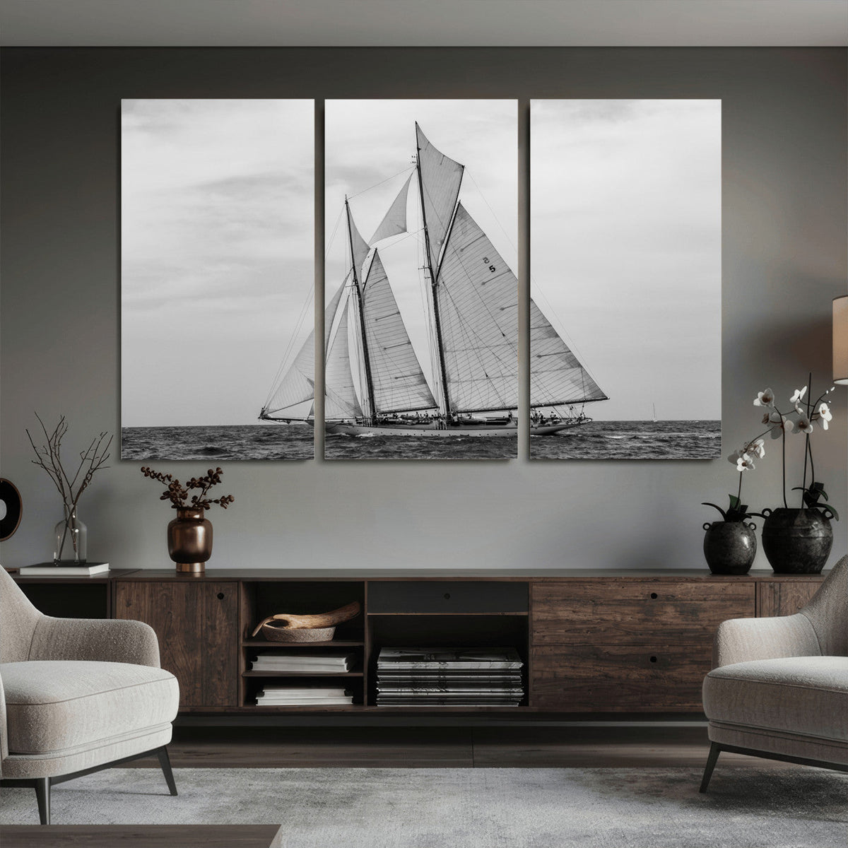 Vintage Sailboat Wall Art Canvas Print, Black and White