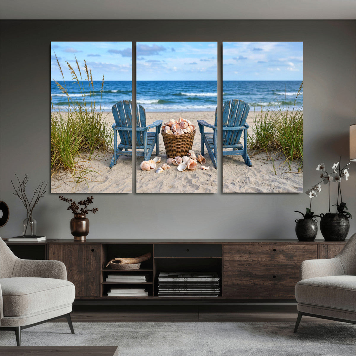 Large Beach Canvas Wall Art Coastal Adirondack Chairs Ocean