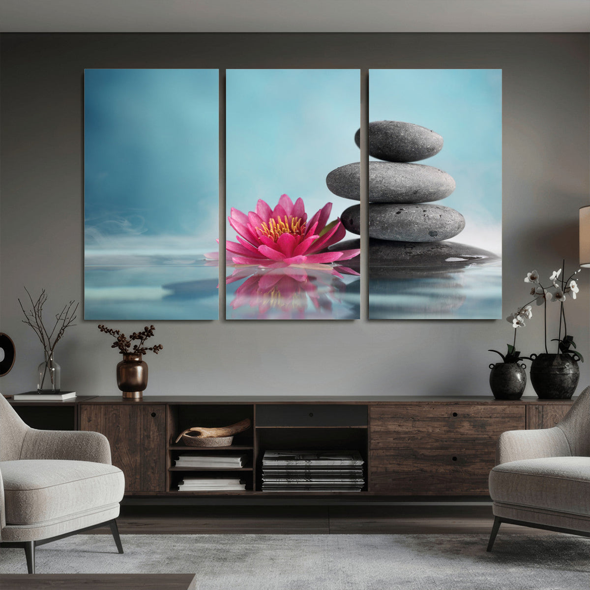 Zen Canvas Wall Art Lotus Flower Stacked Stones Teal Spa