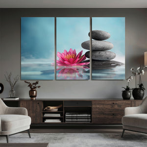 Zen Canvas Wall Art Lotus Flower Stacked Stones Teal Spa