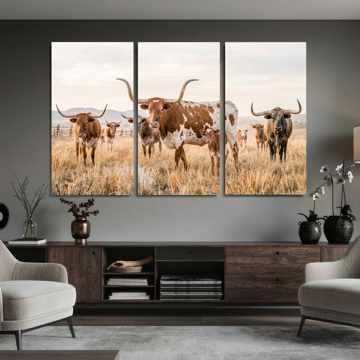 Texas Longhorn Canvas Wall Art, Rustic Farm Animal Photography Print, Farmhouse Country Decor, Western Ranch Art