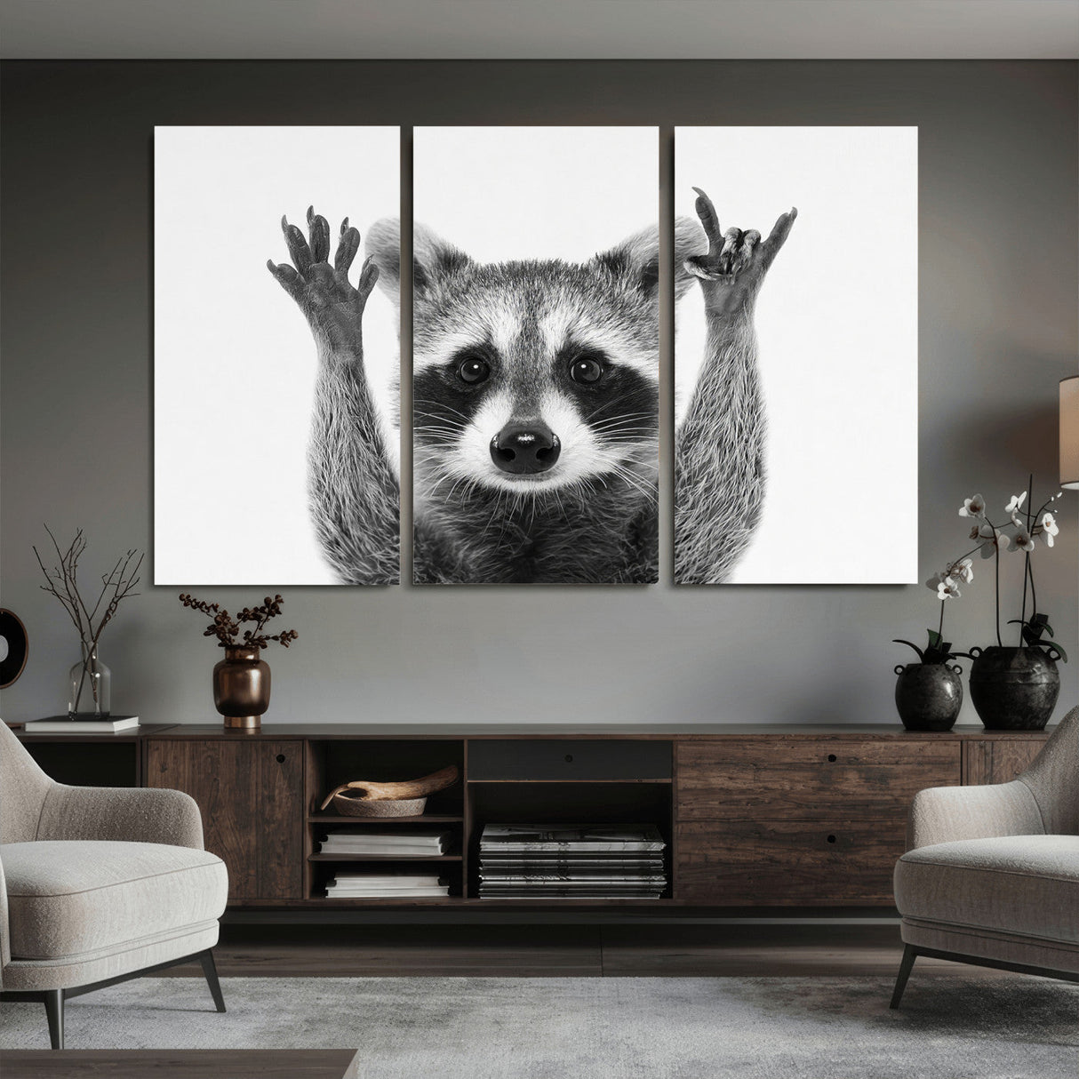 Funny Raccoon Canvas Wall Art, Black White Hands Up Animal Photo Print, Humorous Wildlife Decor, Kids Room Nursery Art, Quirky Animal Gift