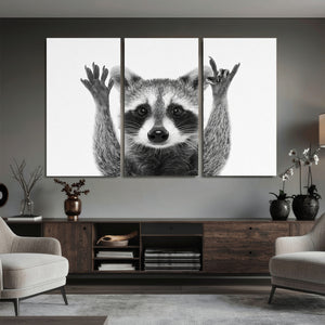 Funny Raccoon Canvas Wall Art, Black White Hands Up Animal Photo Print, Humorous Wildlife Decor, Kids Room Nursery Art, Quirky Animal Gift