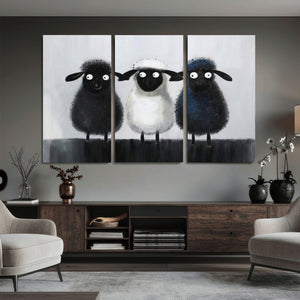 Funny Sheep Canvas Wall Art, Three Quirky Sheep Painting Print, Cute Animal Nursery Decor, Black White Navy Farmhouse Art, Kids Room Gift