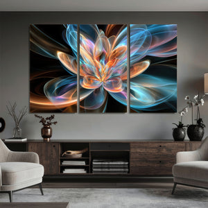 Fractal Lotus Canvas Wall Art, Blue Orange Glowing Flower Abstract Print, Modern Zen Meditation Room Decor, Ethereal Digital Art, Living Room