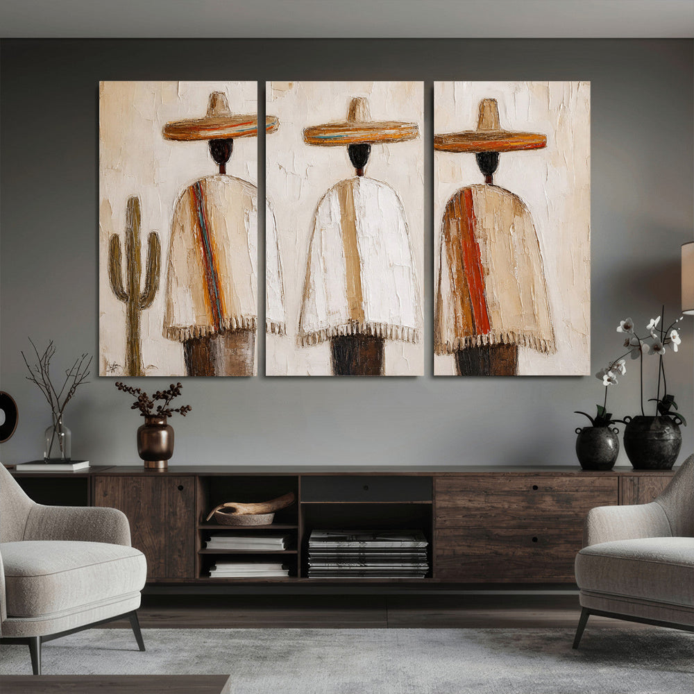 Mexican Wall Art Canvas Print, Southwestern Sombrero Poncho Painting, Neutral Earthy Boho Decor, Fiesta Living Room Art, Impasto Style Print