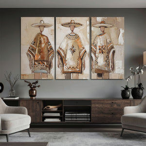 Mexican Folk Art Canvas Wall Art, Charro Poncho Sombrero Painting Print, Neutral Beige Boho Decor, Southwestern Impasto Style, Living Room Art