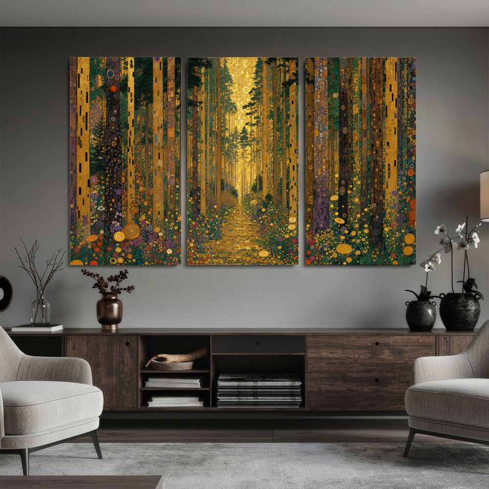 Gustav Klimt Style Forest Canvas Wall Art, Golden Forest Path Floral Art Nouveau Print, Enchanted Woodland Decor