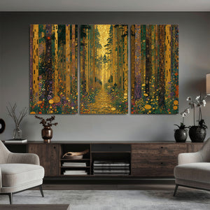 Gustav Klimt Style Forest Canvas Wall Art, Golden Forest Path Floral Art Nouveau Print, Enchanted Woodland Decor