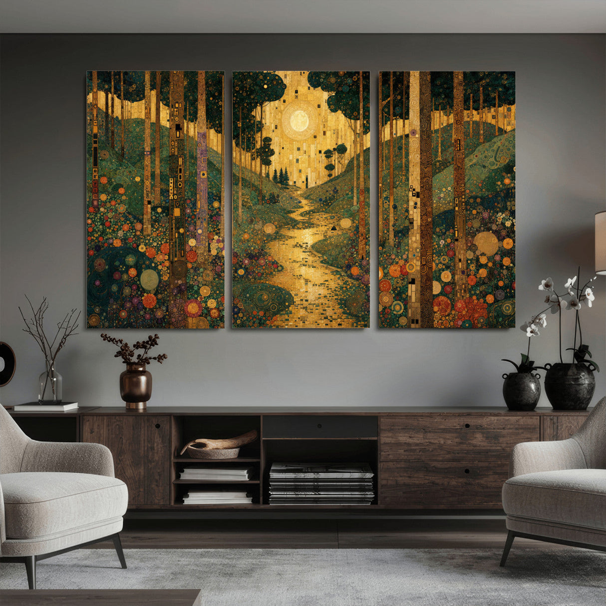 Gustav Klimt Style Forest Canvas Wall Art, Golden Forest Path Floral Art Nouveau Print, Enchanted Woodland Decor
