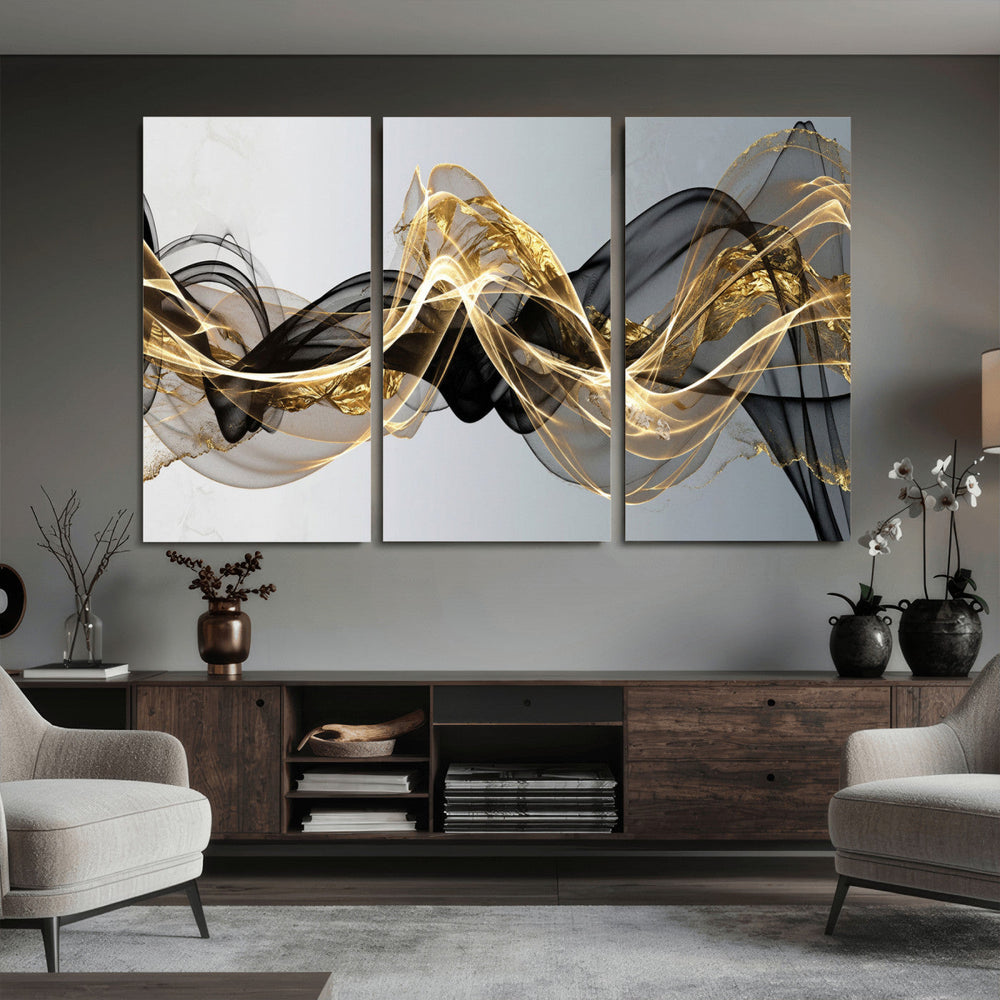 Black and Gold Abstract Wall Art, Modern Wave Canvas Print, Elegant Flowing Smoke Art, Luxury Living Room Decor