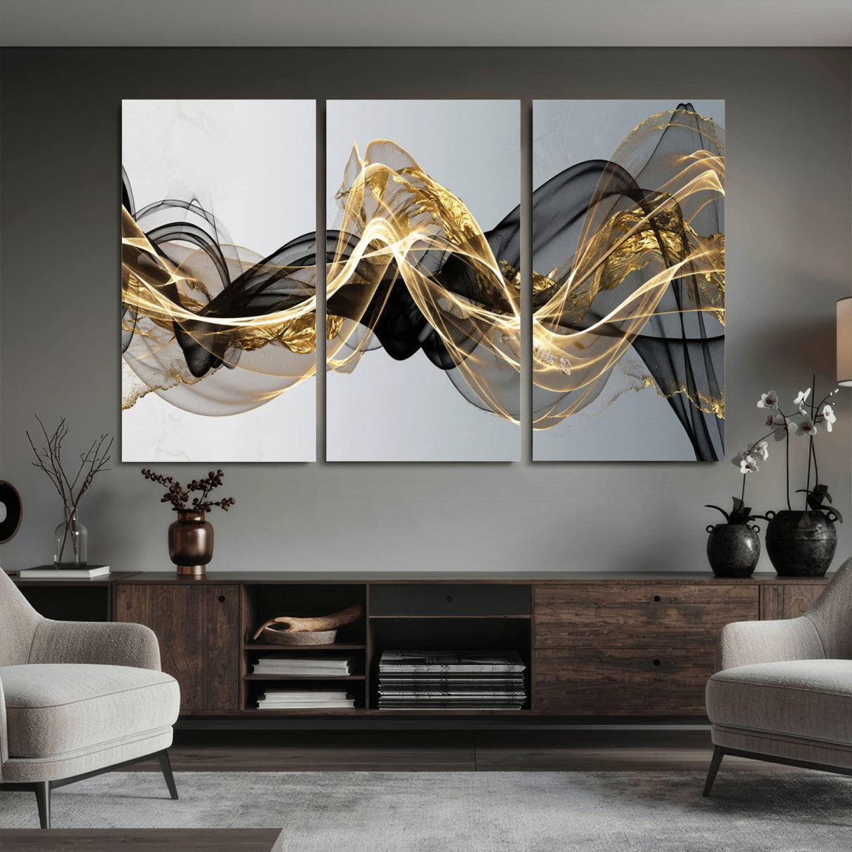 Black and Gold Abstract Wall Art, Modern Wave Canvas Print, Elegant Flowing Smoke Art, Luxury Living Room Decor