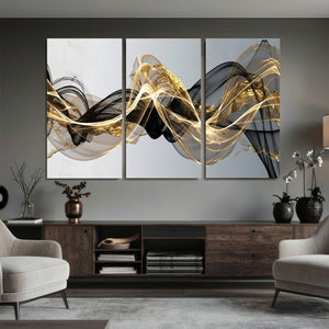 Black and Gold Abstract Wall Art, Modern Wave Canvas Print, Elegant Flowing Smoke Art, Luxury Living Room Decor