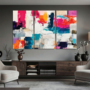 Blue Teal Abstract Canvas Wall Art, Modern Textured Painting Print, Navy Orange White Contemporary Art, Neutral Living Room Decor, Office Art