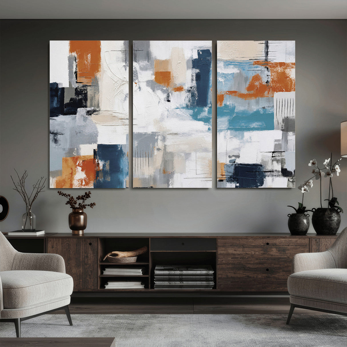 Blue Teal Abstract Canvas Wall Art, Modern Textured Painting Print, Navy Orange White Contemporary Art, Neutral Living Room Decor, Office Art