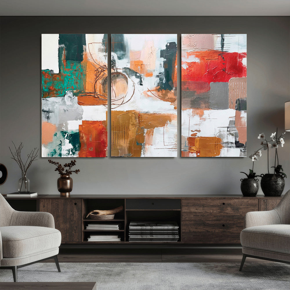 Blue Teal Abstract Canvas Wall Art, Modern Textured Painting Print, Navy Orange White Contemporary Art, Neutral Living Room Decor, Office Art