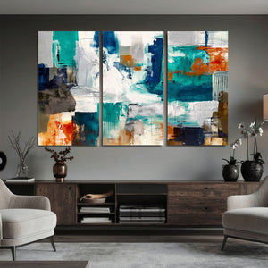 Blue Teal Abstract Canvas Wall Art, Modern Textured Painting Print, Navy Orange White Contemporary Art, Neutral Living Room Decor, Office Art