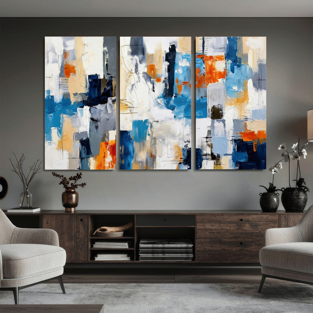 Blue Teal Abstract Canvas Wall Art, Modern Textured Painting Print, Navy Orange White Contemporary Art, Neutral Living Room Decor, Office Art