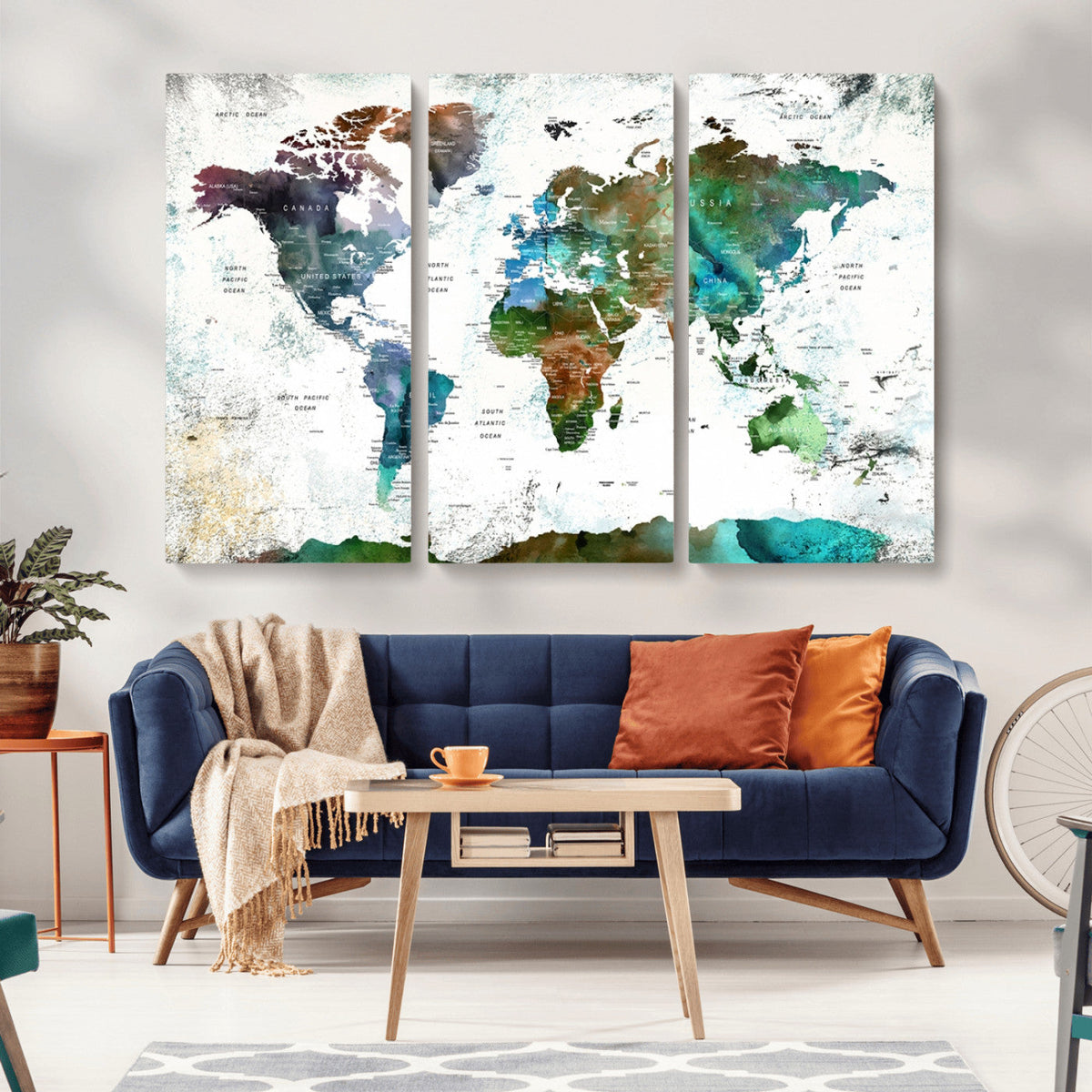 Modern Watercolor World Map Canvas Wall Art – Framed