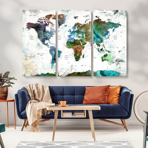 Modern Watercolor World Map Canvas Wall Art – Framed