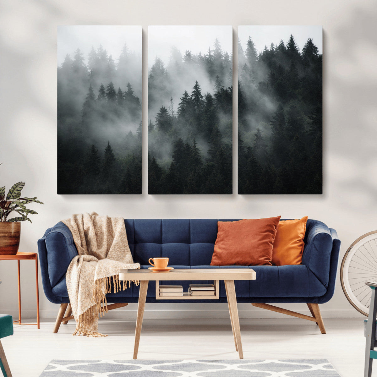 Foggy Forest Wall Art Canvas Print | 3 Panel Large Misty