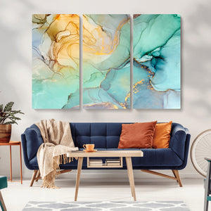 Abstract Aqua and Gold Fluid Wall Art Canvas | 3 Panel Large