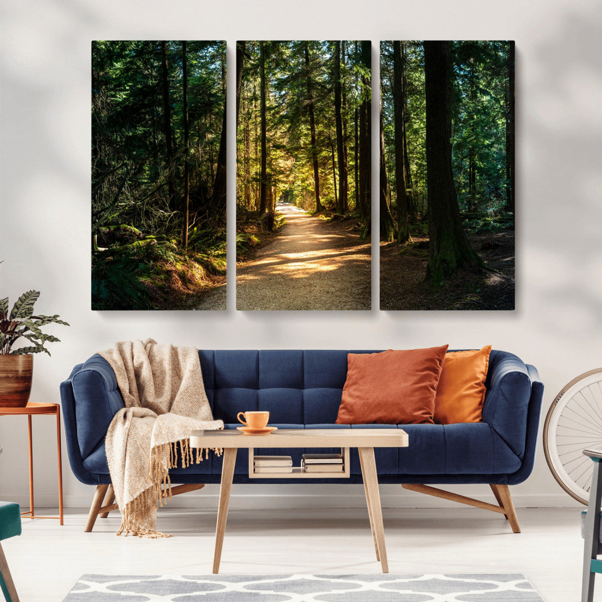 Sunlit Forest Pathway Canvas Print | 3 Panel Large Nature