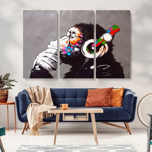 Dj Monkey Listening to Music Wall Art Print | Banksy Monkey