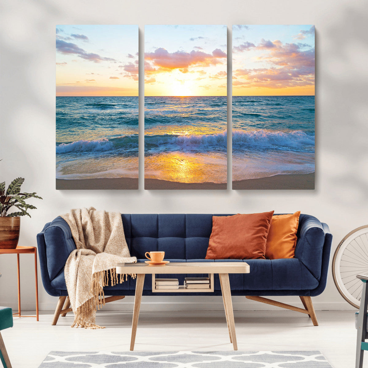 Golden Sunset Over Ocean Waves - Serene Coastal Triptych