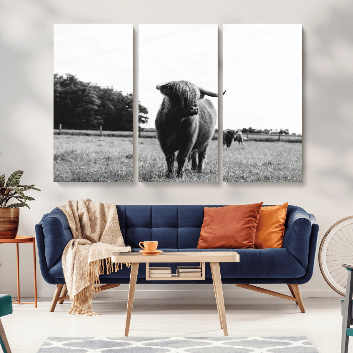 Black and White Highland Cow Wall Art Canvas Print | Rustic