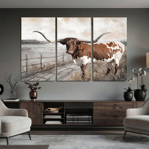 Vintage Texas Cow Wall Art Canvas Print, Rustic Longhorn