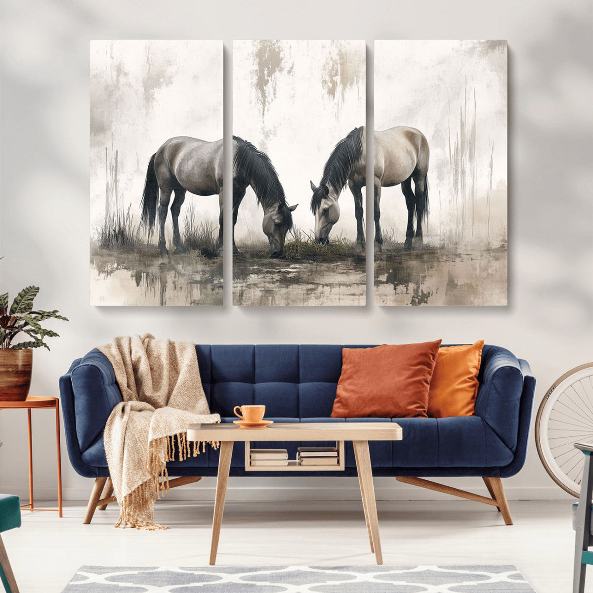 Chines Ink Style Vintage Horses Wall Art Canvas Print for