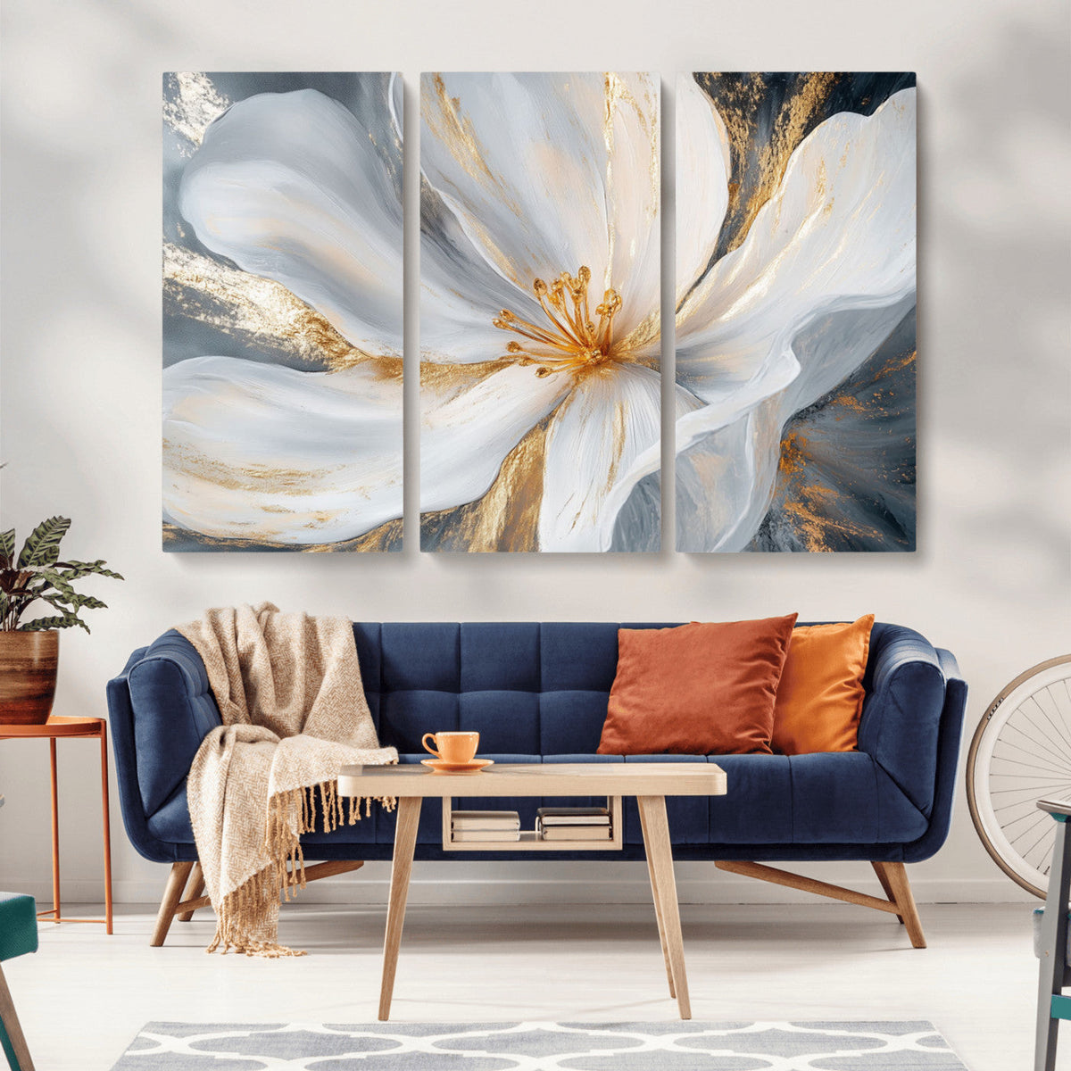 White and Gold Floral Canvas Wall Art - Framed and Ready to