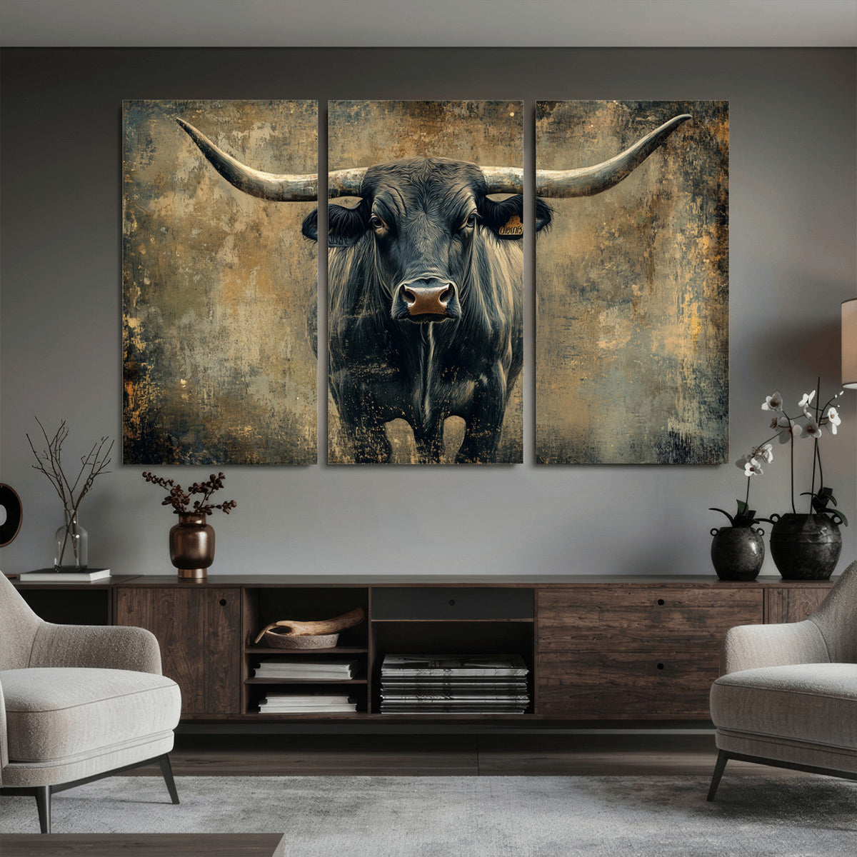 Texas Longhorn Bull Wall Art – Framed Rustic Cow Canvas
