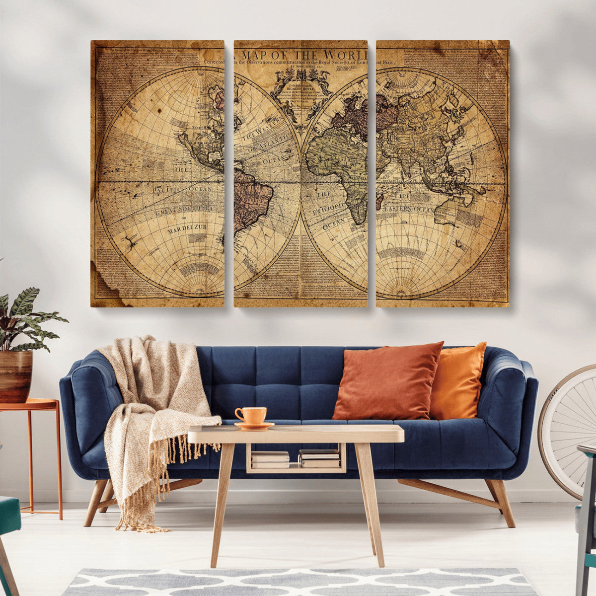 Vintage World Map Wall Art Canvas – Antique Style Push Pin