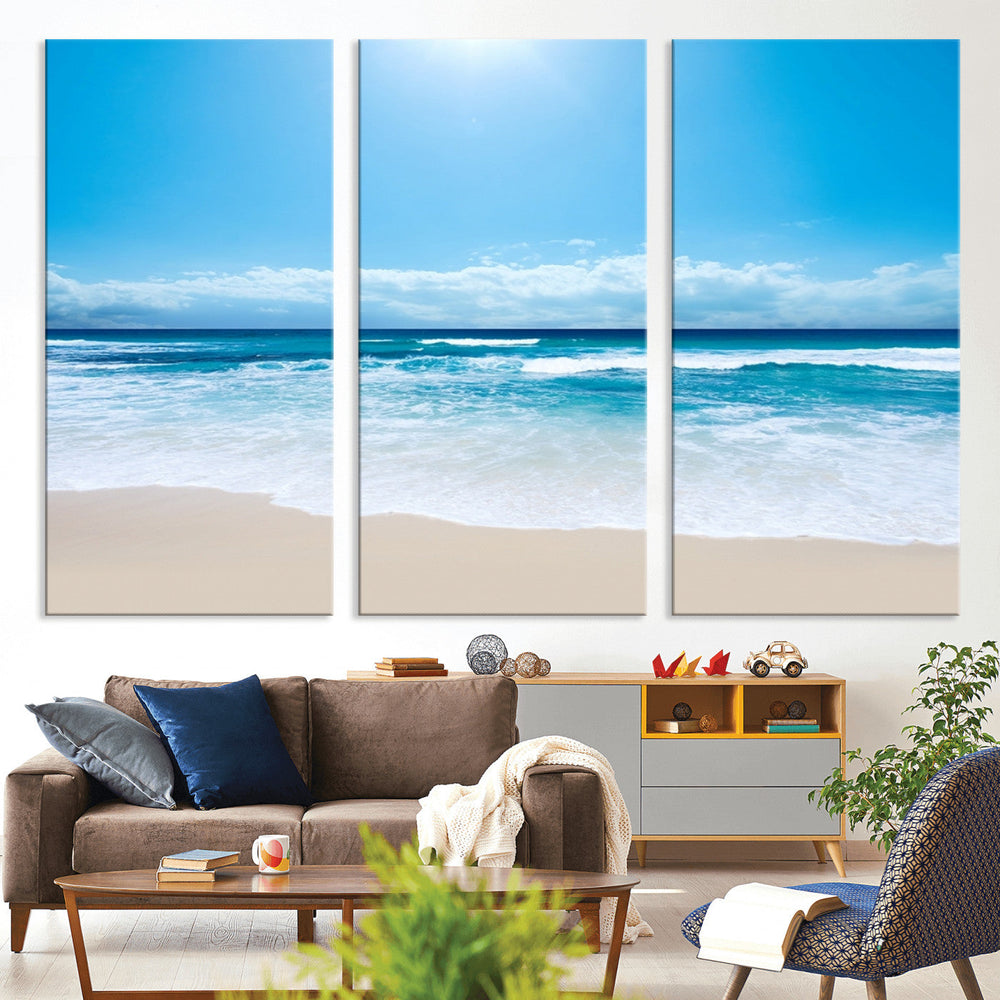 Wall Art Canvas Print Shiny Blue Sea and Beach