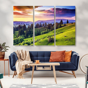 Green Hills and Sunset Wall Art Print - Scenic Landscape