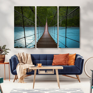 Suspension Bridge Over River Canvas Art | 3-Panel Nature