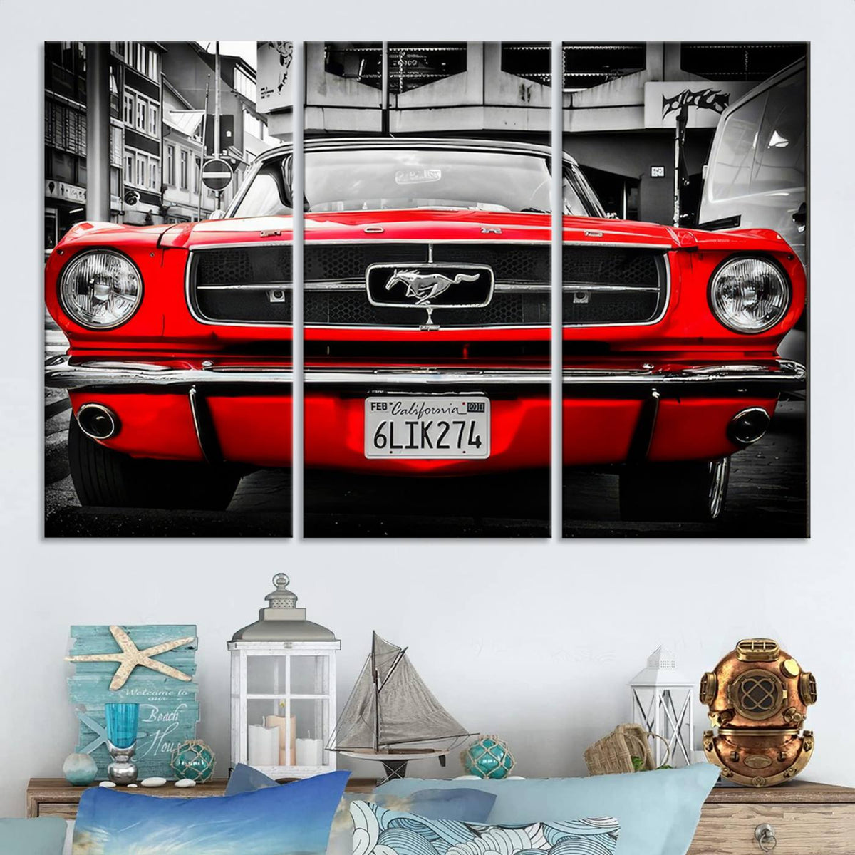 Red Mustang Car Wall Art – Framed Classic Vehicle Canvas