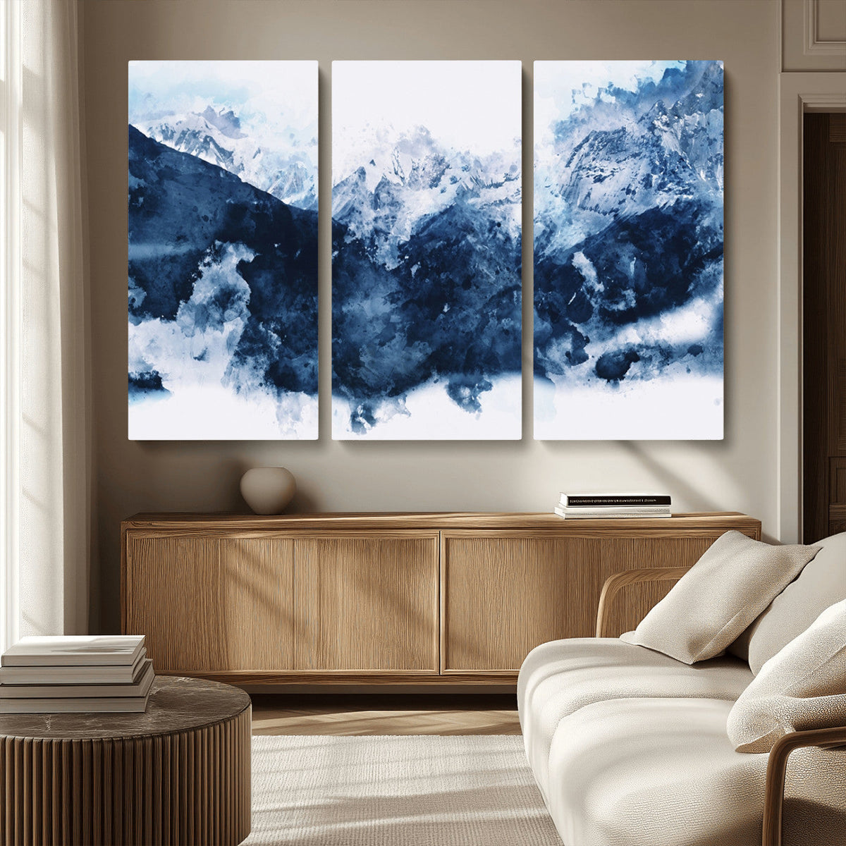 Abstract Blue Mountain Canvas Wall Art – Modern Triptych