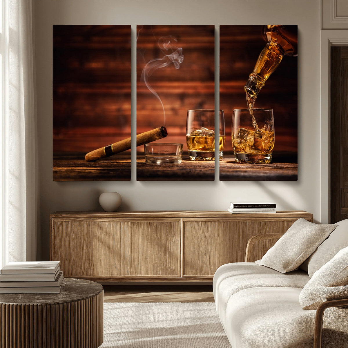 Whiskey and Cigar Wall Art Canvas | 3 Panel Bar Room Decor