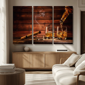 Whiskey and Cigar Wall Art Canvas | 3 Panel Bar Room Decor