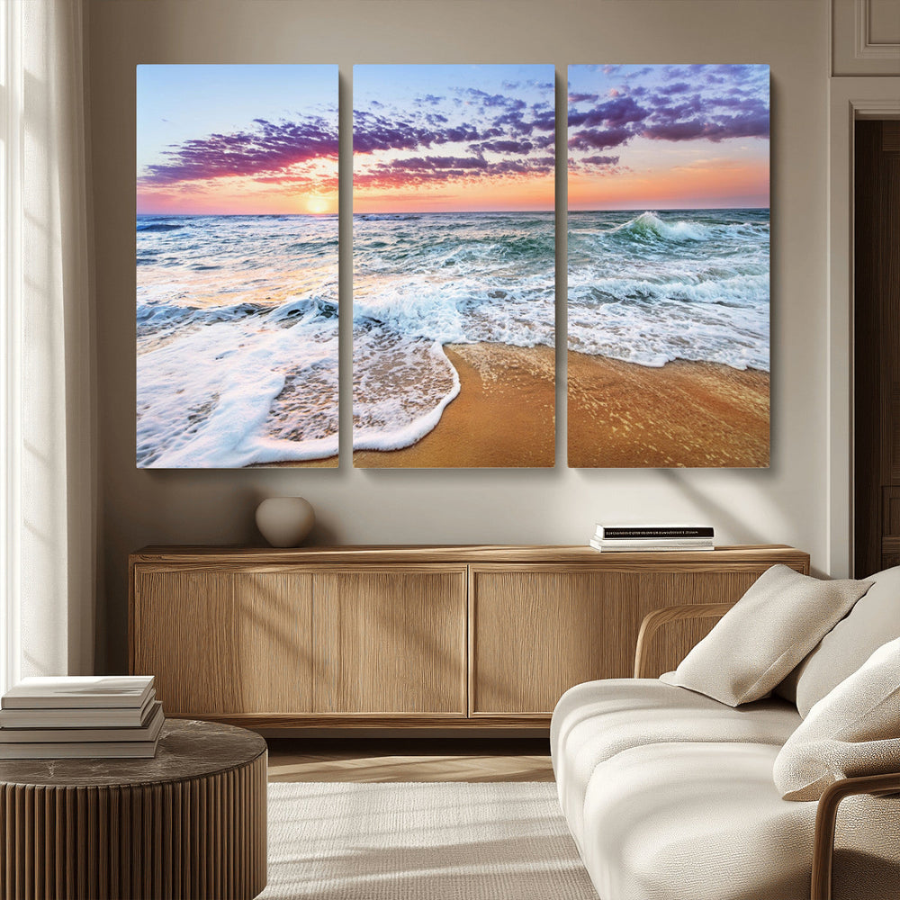 Coastal Sunset Art Beach Canvas Wall Art Print | Ocean Waves
