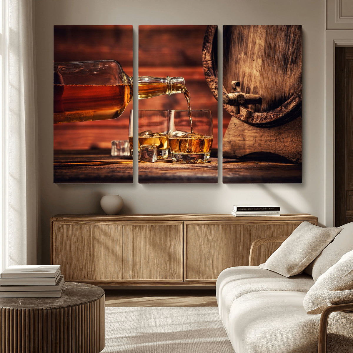 Whiskey and Cigar Canvas Wall Art | 3 Panel Bar Room Decor