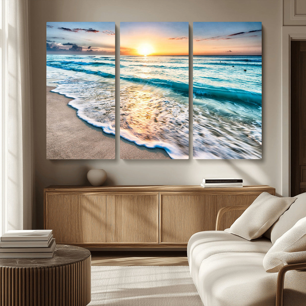 Sunset Beach Waves Canvas Wall Art – 5-Panel Ocean Sunset