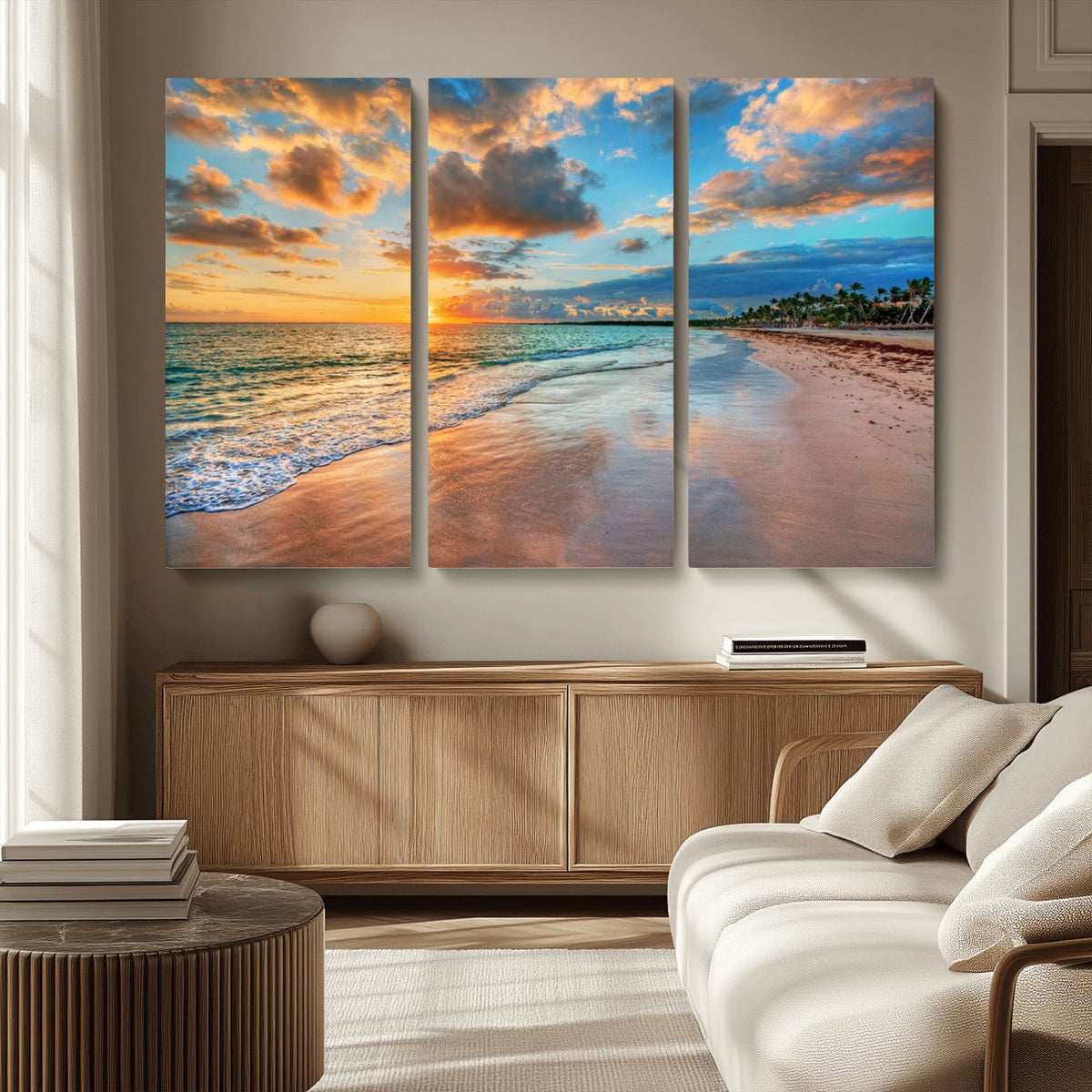 Sunset Ocean Waves on Tropical Beach, 3-Panel Giclee Canvas