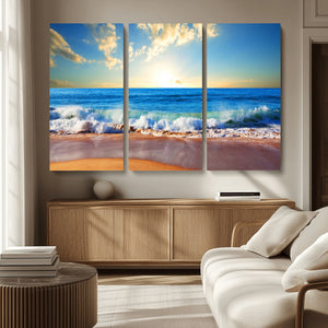 Tropical Beach Sunset Canvas Art, Ocean Waves and Sandy