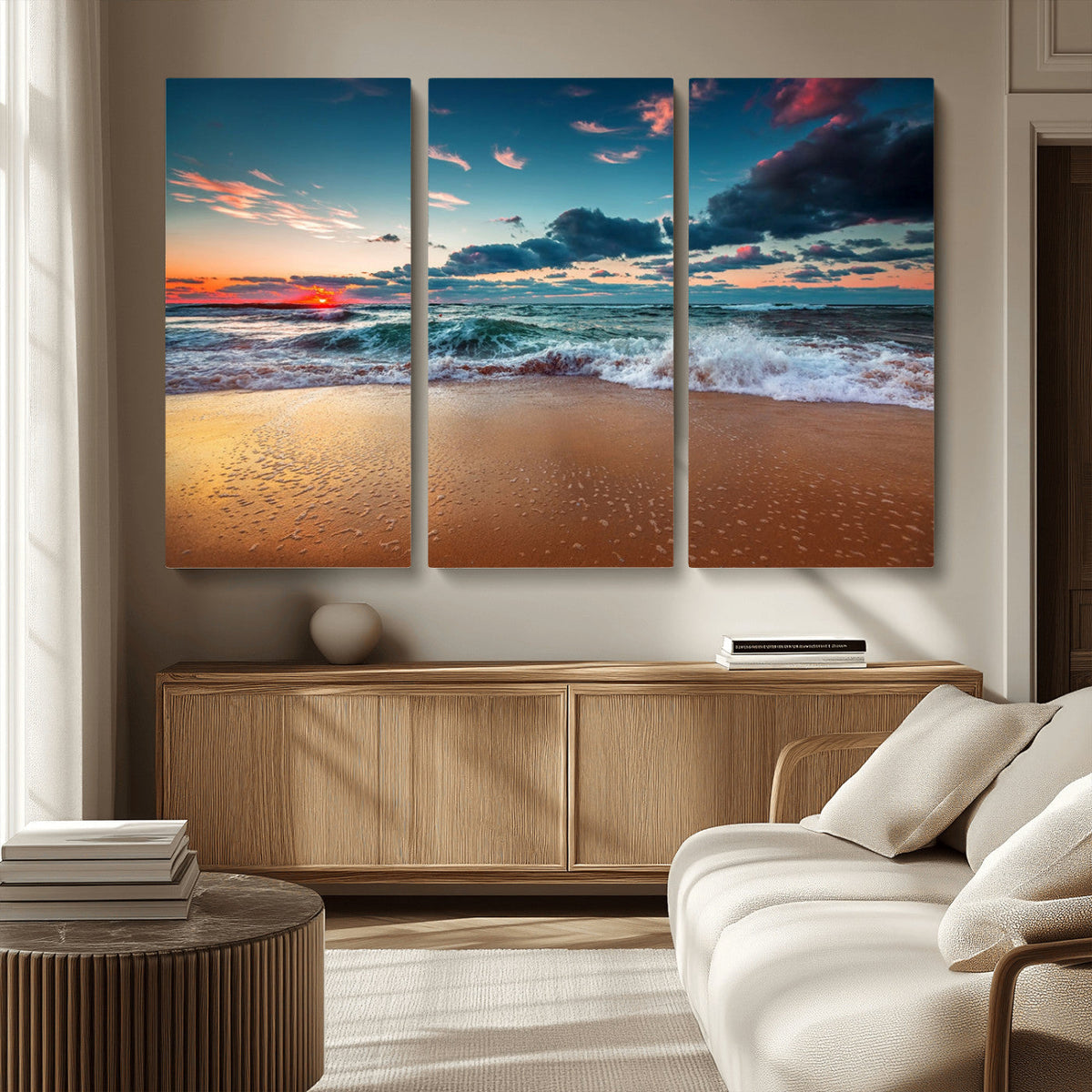 Sunset on Beach Wall Art Ocean Beach Canvas Print