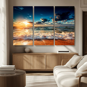 Golden Hour Sunset Over Ocean Waves Wall Art Canvas Print |