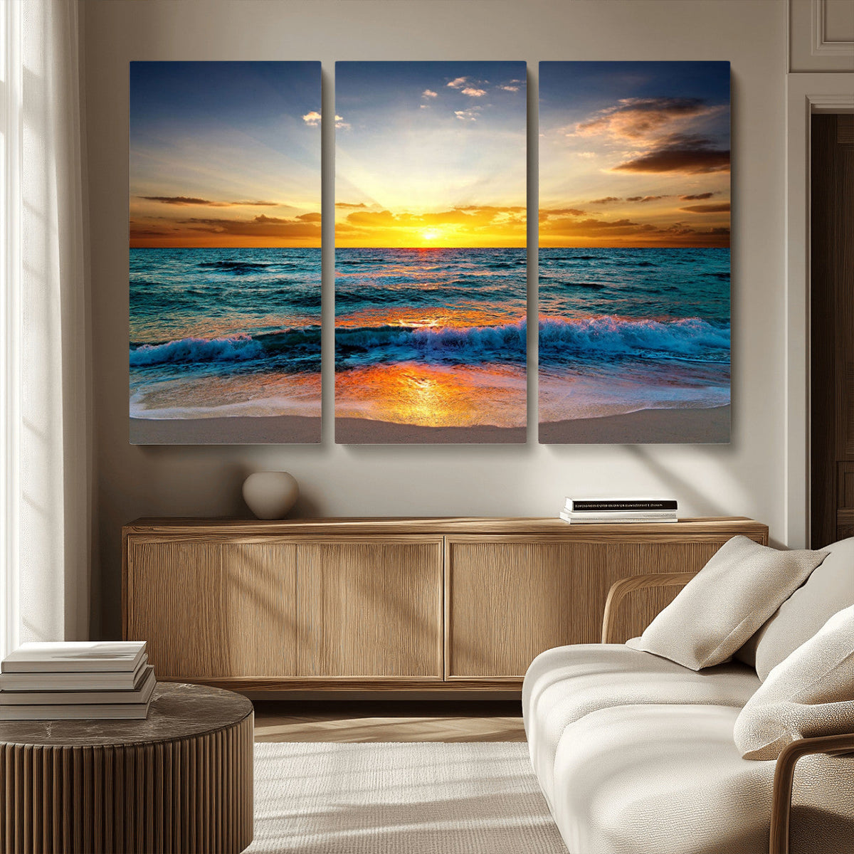 Vibrant Ocean Sunrise Over Golden Beach Waves, Giclee Canvas